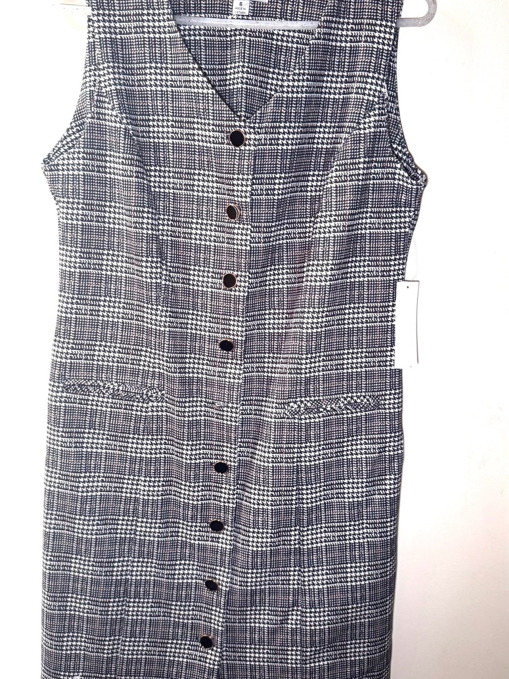 Sleeveless Black and White Plaid Button-Front Midi Dress